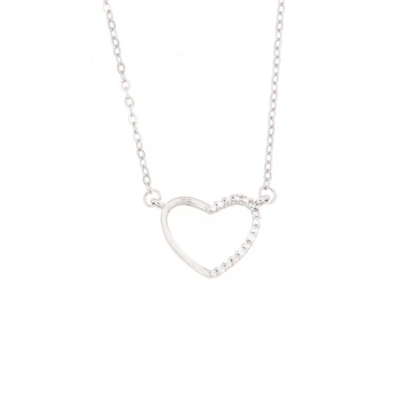 Silver-toned necklace with an open heart pendant, half of which is embellished with clear zircon stones, on a fine link chain