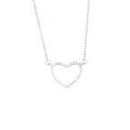 Silver-toned necklace with an open heart pendant, half of which is embellished with clear zircon stones, on a fine link chain