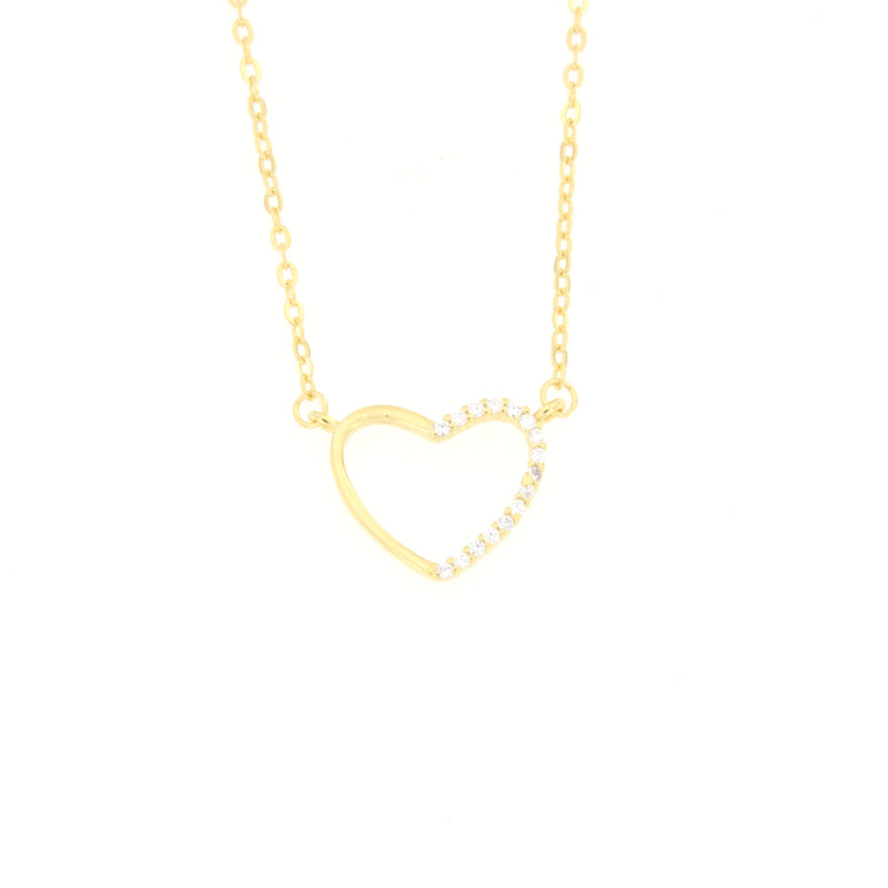 Gold-toned link chain necklace with an open heart pendant. The right side of the heart outline is embellished with clear ston