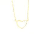 Gold-toned link chain necklace with an open heart pendant. The right side of the heart outline is embellished with clear ston