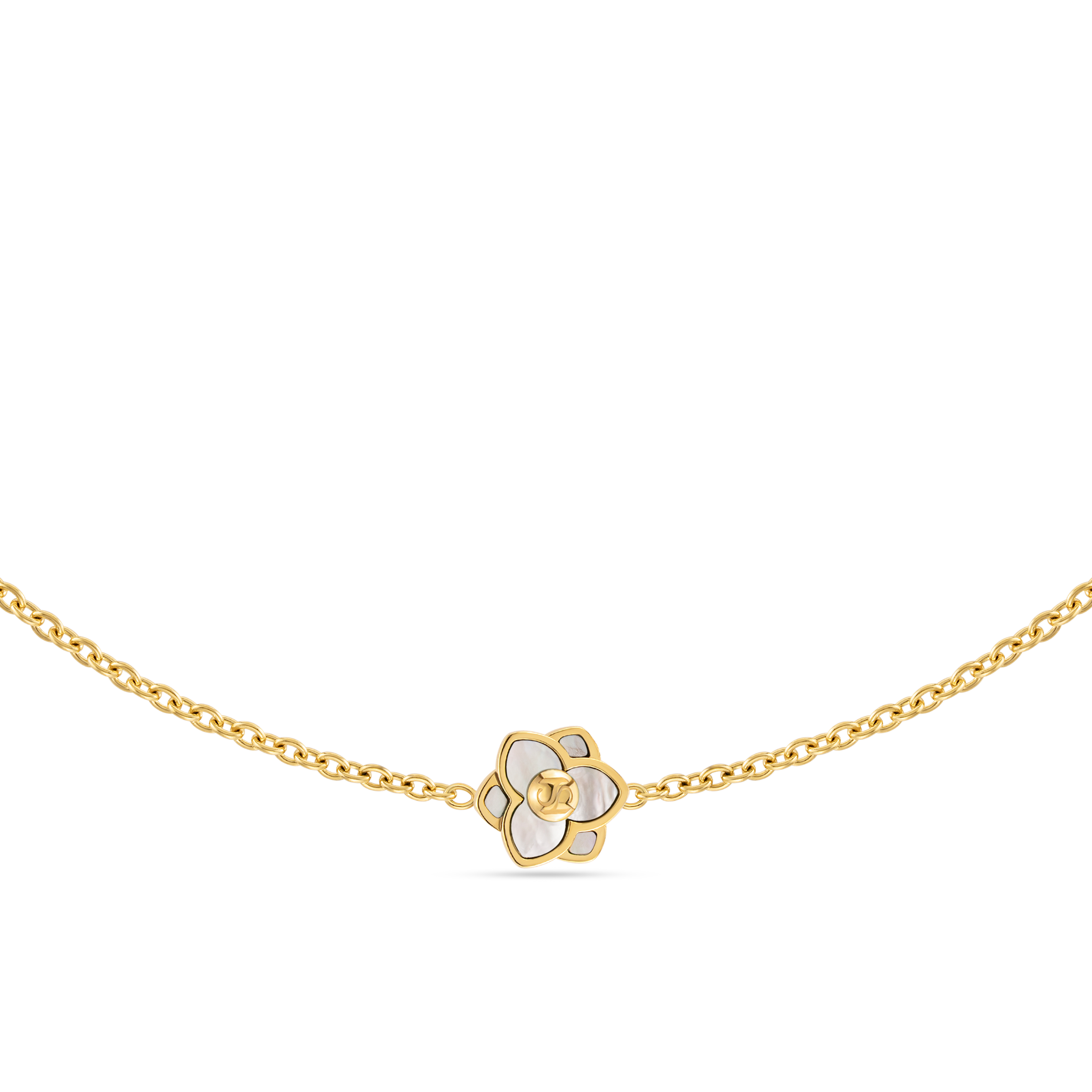 Gold-toned long chain necklace with a white mother of pearl flower pendant featuring a gold-toned interlocking letter logo.