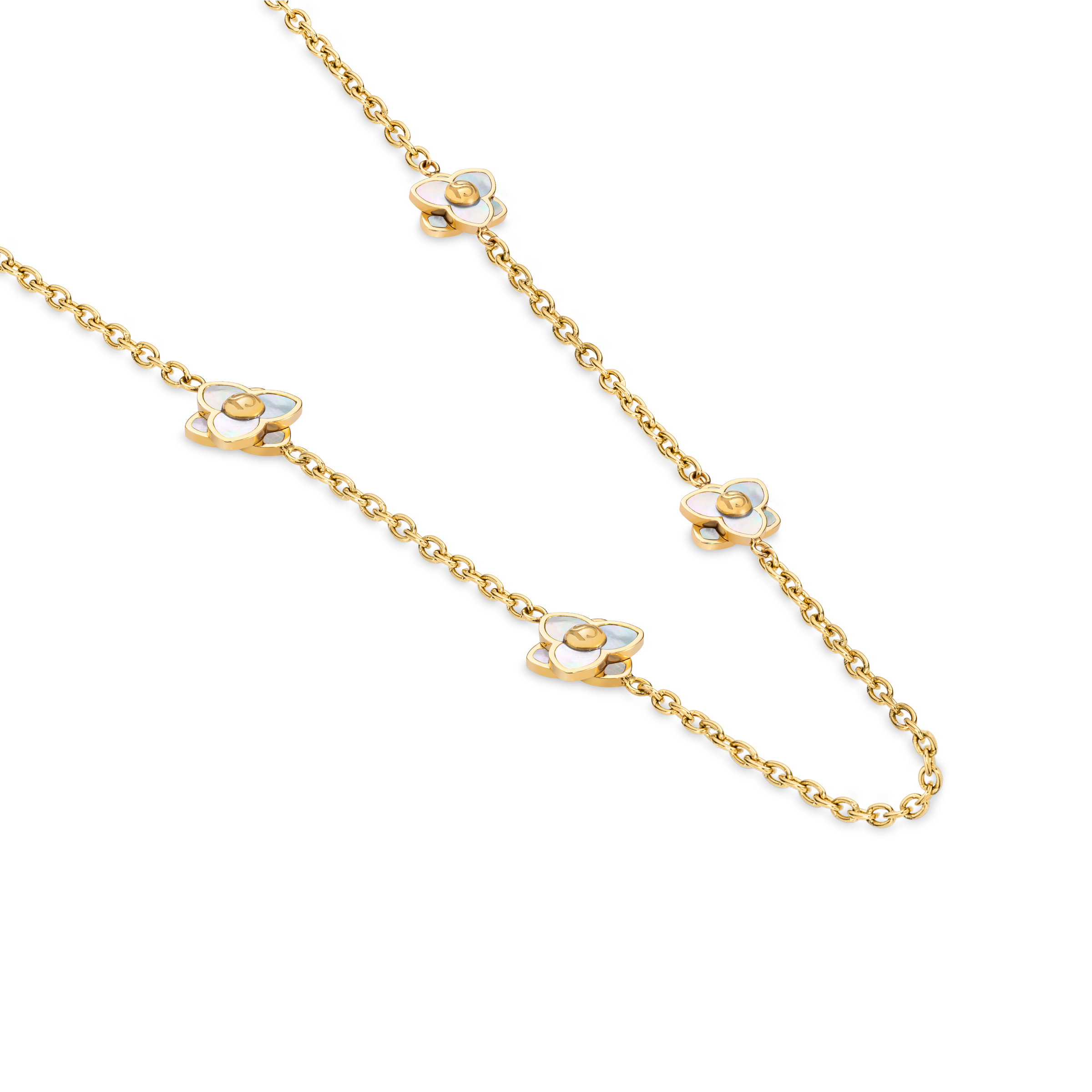 Long gold-toned chain necklace with four white iridescent mother-of-pearl flower motifs, each with a gold-toned center bead.