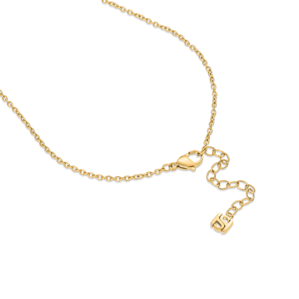 Gold-toned chain necklace with a lobster clasp, extender chain, and a small 'JS' initial charm at the end.
