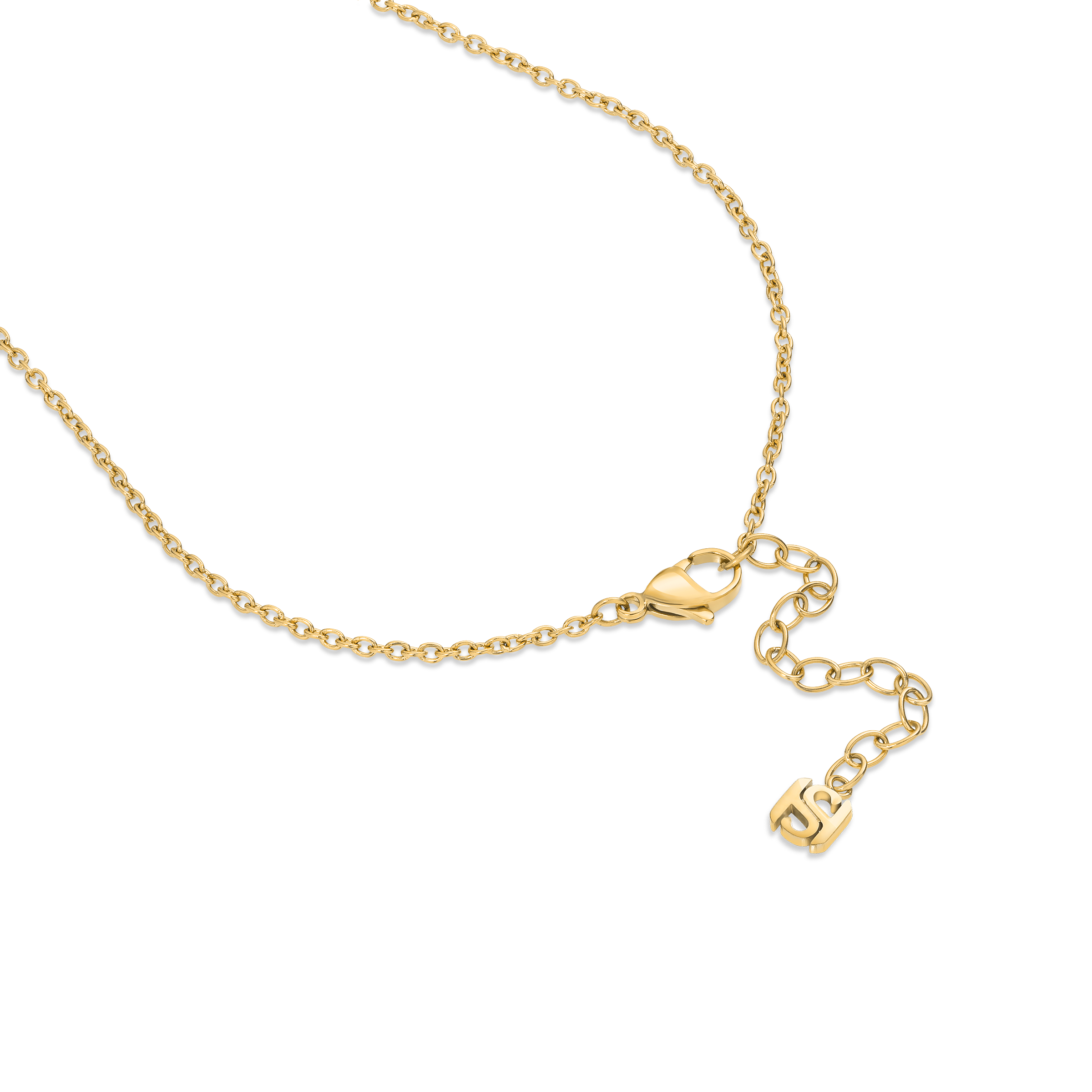 Gold-toned chain necklace with a lobster clasp, extender chain, and a small 'JS' initial charm at the end.