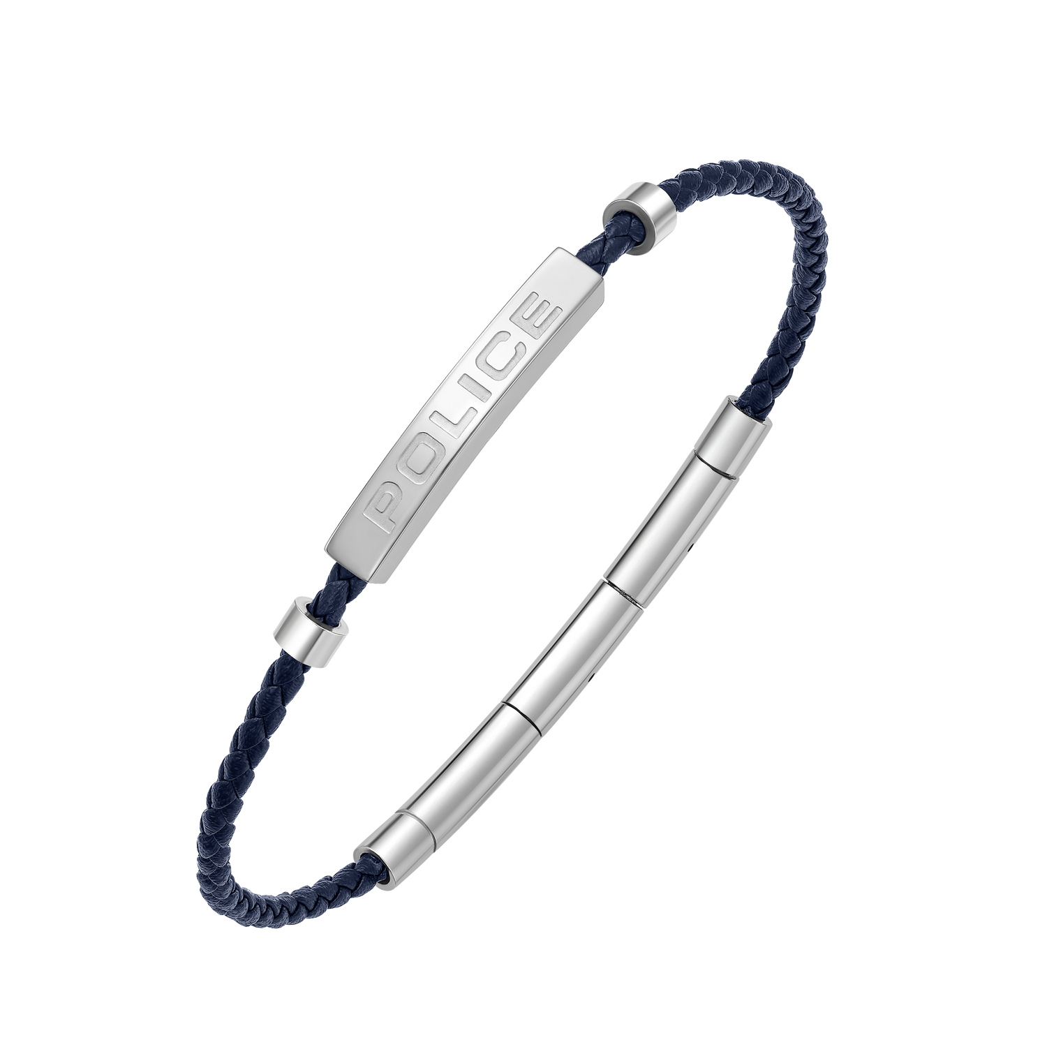 Police Contour Stainless Steel Bracelet with Blue Leather and Linear Bar Detail Police Contour Stainless Steel Bracelet with Blue Leather and Linear Bar Detail