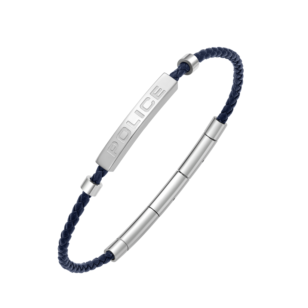 Police Contour Stainless Steel Bracelet with Blue Leather and Linear Bar Detail
