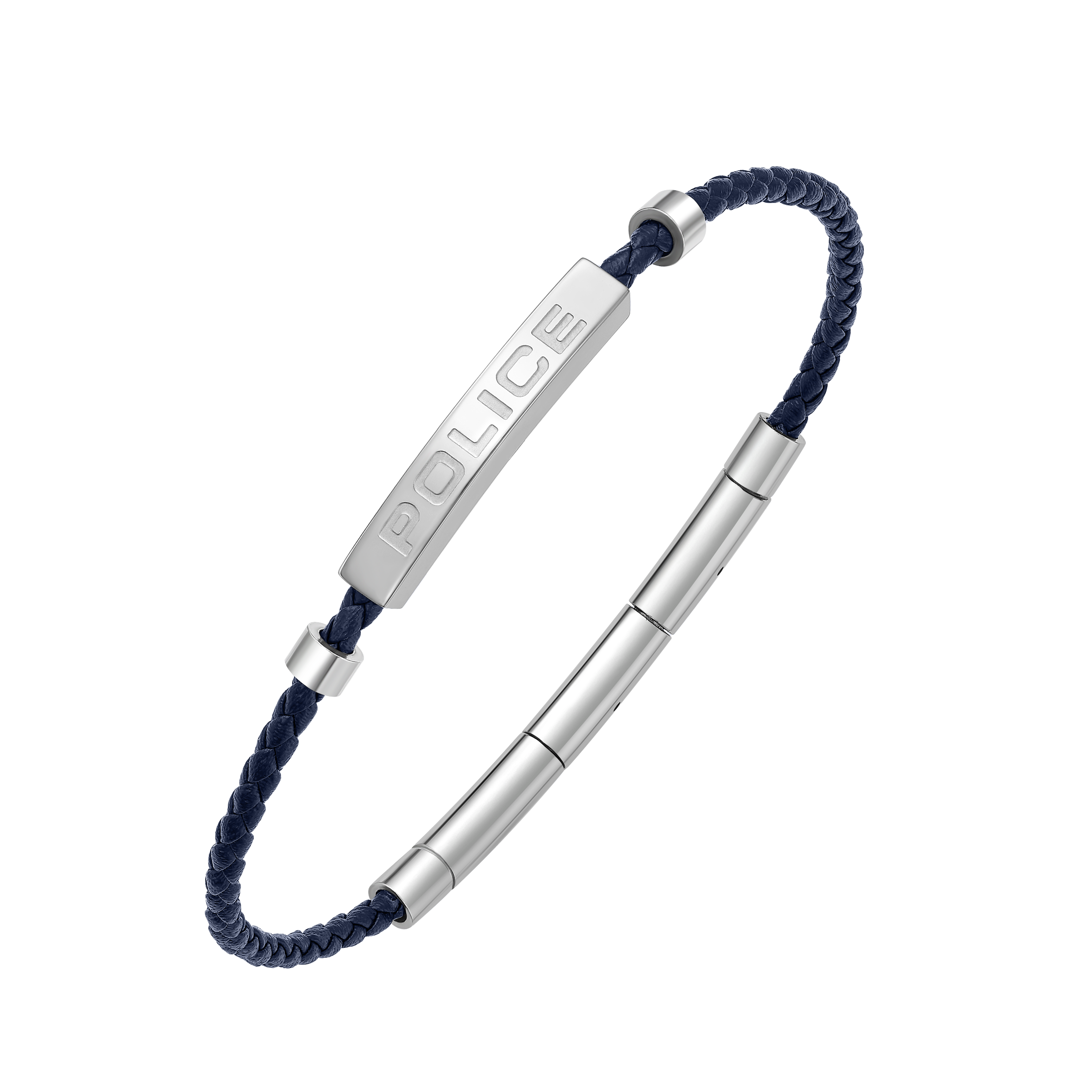 Police Contour Stainless Steel Bracelet with Blue Leather and Linear Bar Detail
