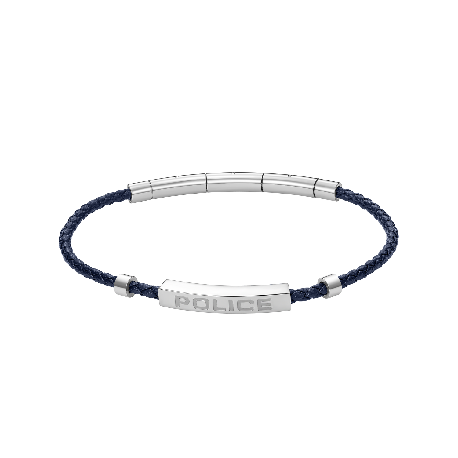 Police Contour Stainless Steel Bracelet with Blue Leather and Linear Bar Detail Police Contour Stainless Steel Bracelet with Blue Leather and Linear Bar Detail