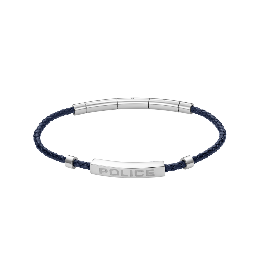 Police Contour Stainless Steel Bracelet with Blue Leather and Linear Bar Detail