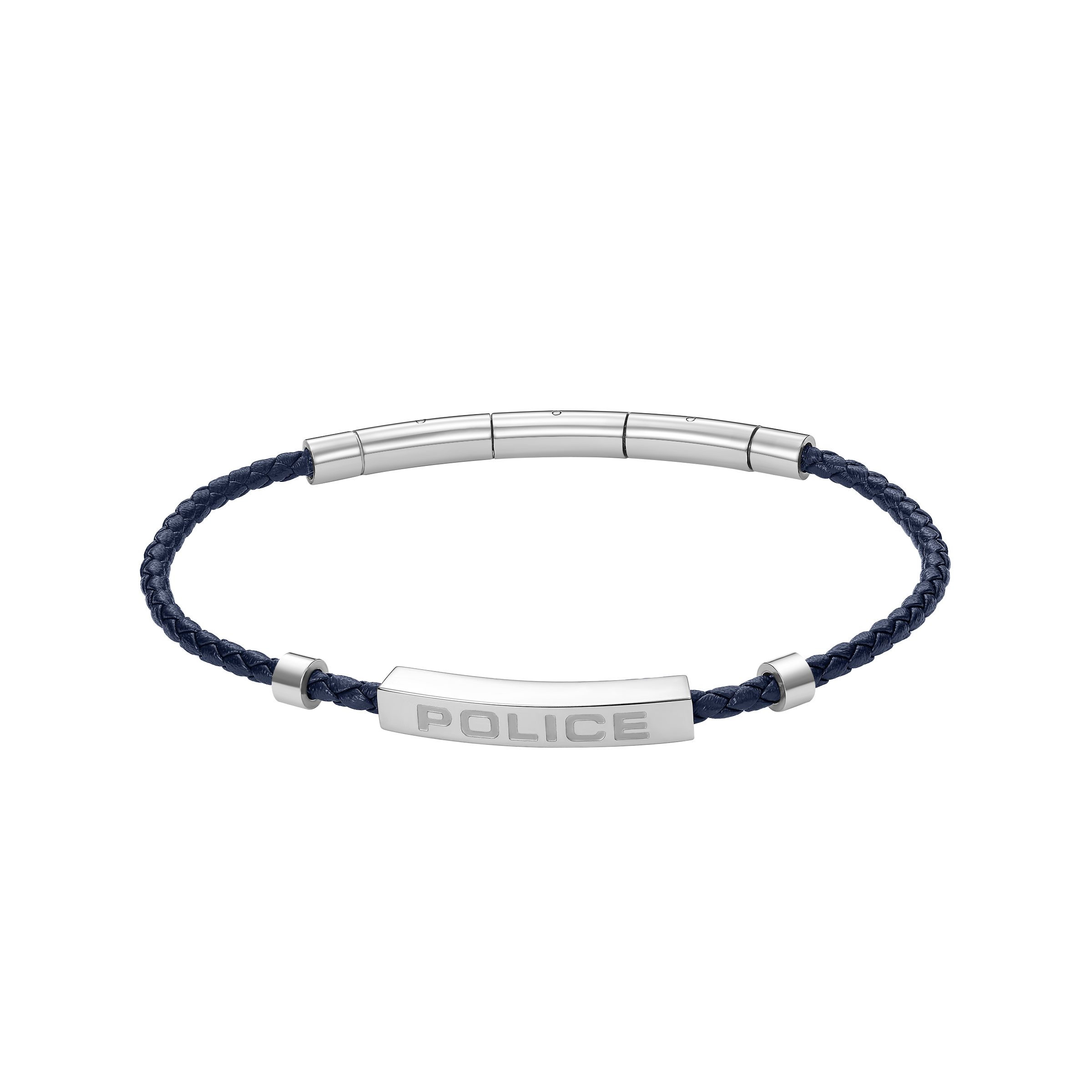 Police Contour Stainless Steel Bracelet with Blue Leather and Linear Bar Detail
