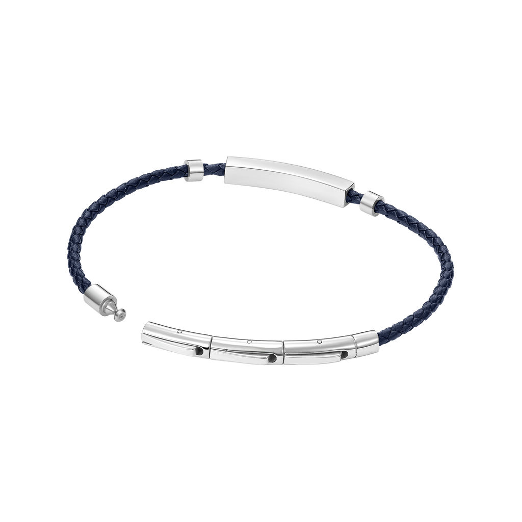 Police Contour Stainless Steel Bracelet with Blue Leather and Linear Bar Detail