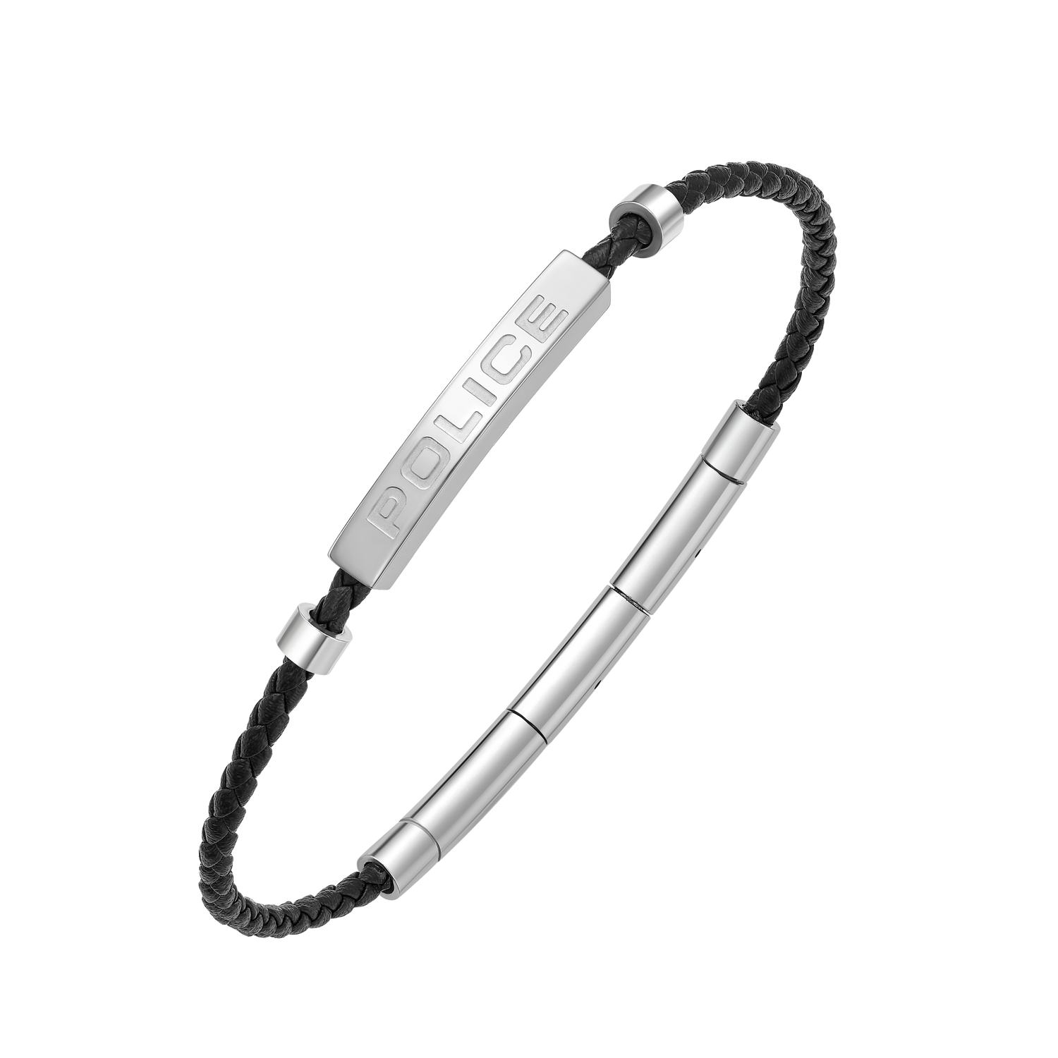 Police Contour Stainless Steel Bracelet with Black Leather and Linear Bar Detail Police Contour Stainless Steel Bracelet with Black Leather and Linear Bar Detail