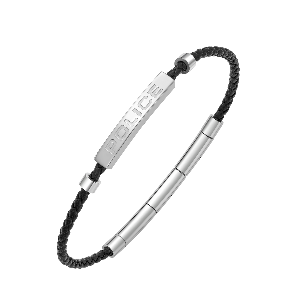 Police Contour Stainless Steel Bracelet with Black Leather and Linear Bar Detail