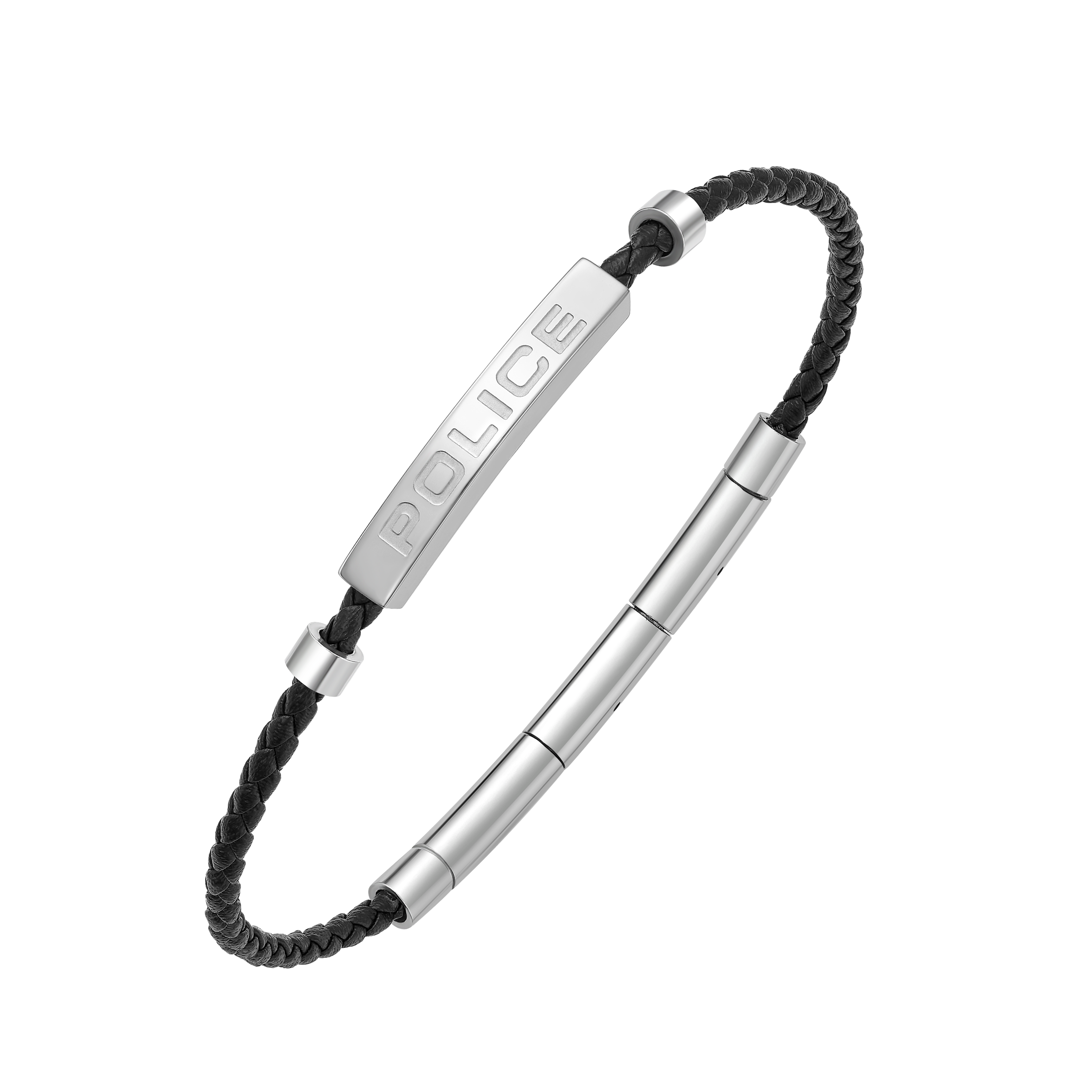 Police Contour Stainless Steel Bracelet with Black Leather and Linear Bar Detail