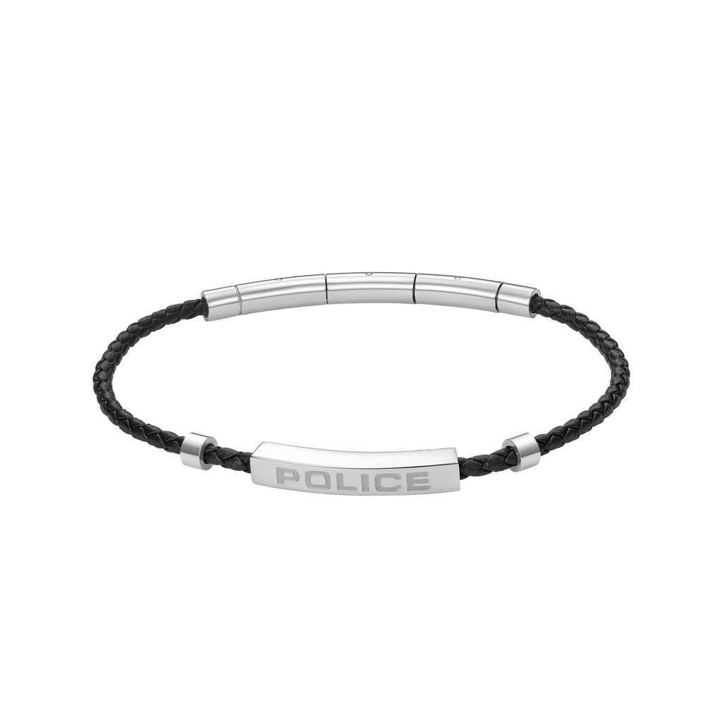 Police Contour Stainless Steel Bracelet with Black Leather and Linear Bar Detail