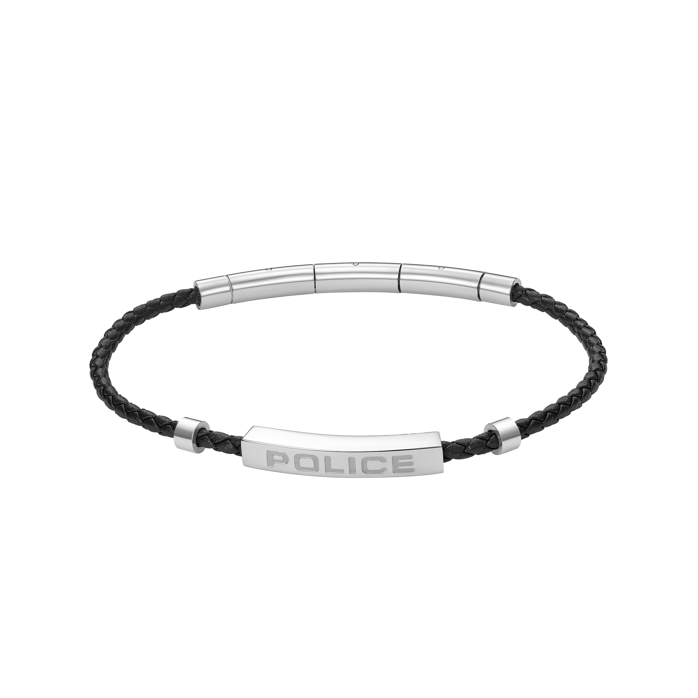 Police Contour Stainless Steel Bracelet with Black Leather and Linear Bar Detail