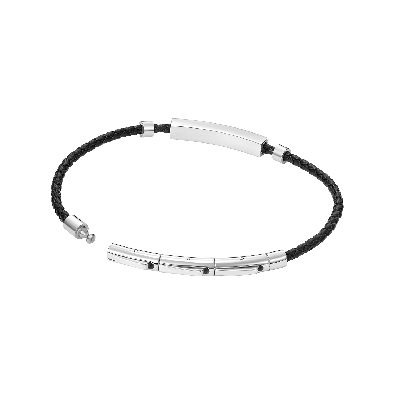 Police Contour Stainless Steel Bracelet with Black Leather and Linear Bar Detail