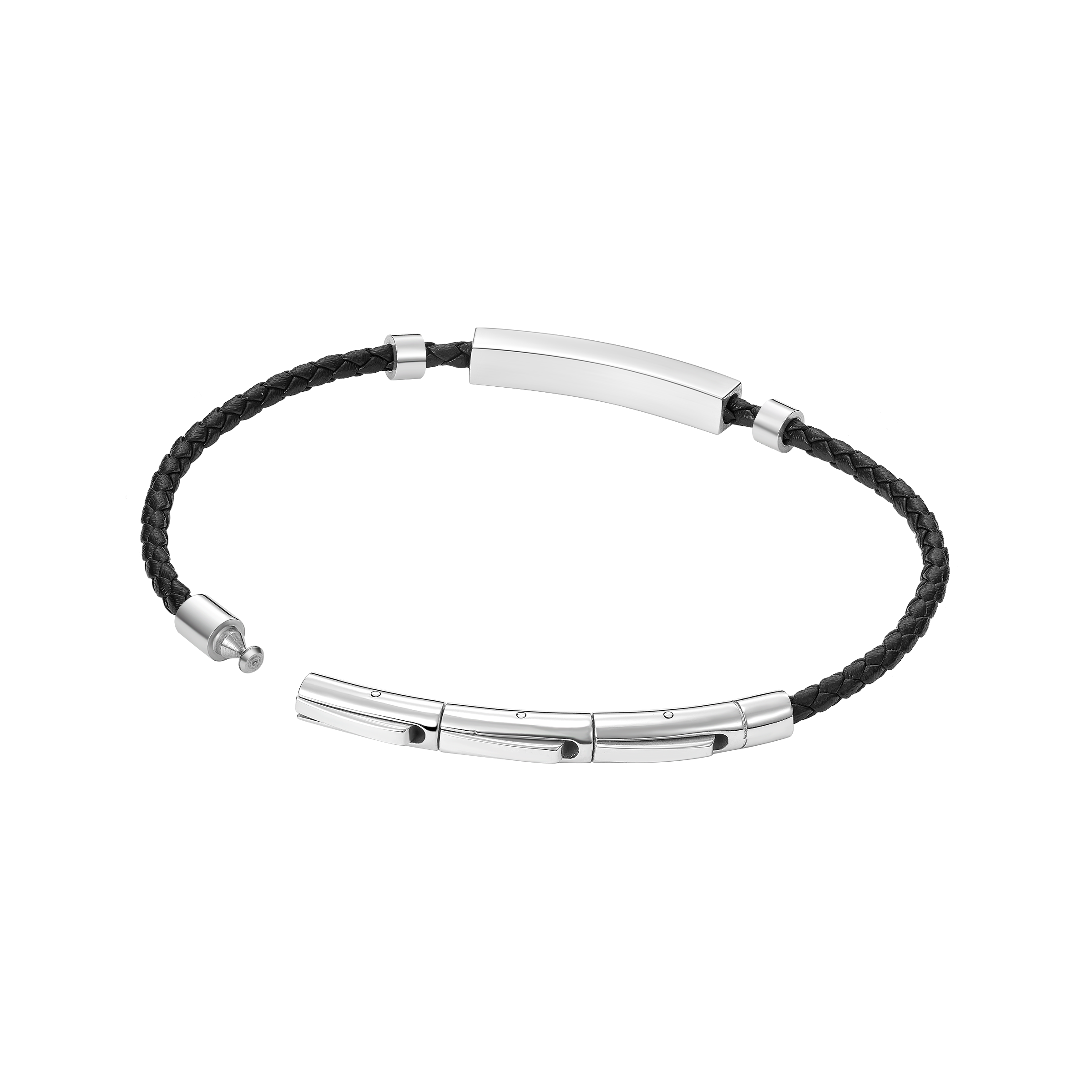 Police Contour Stainless Steel Bracelet with Black Leather and Linear Bar Detail