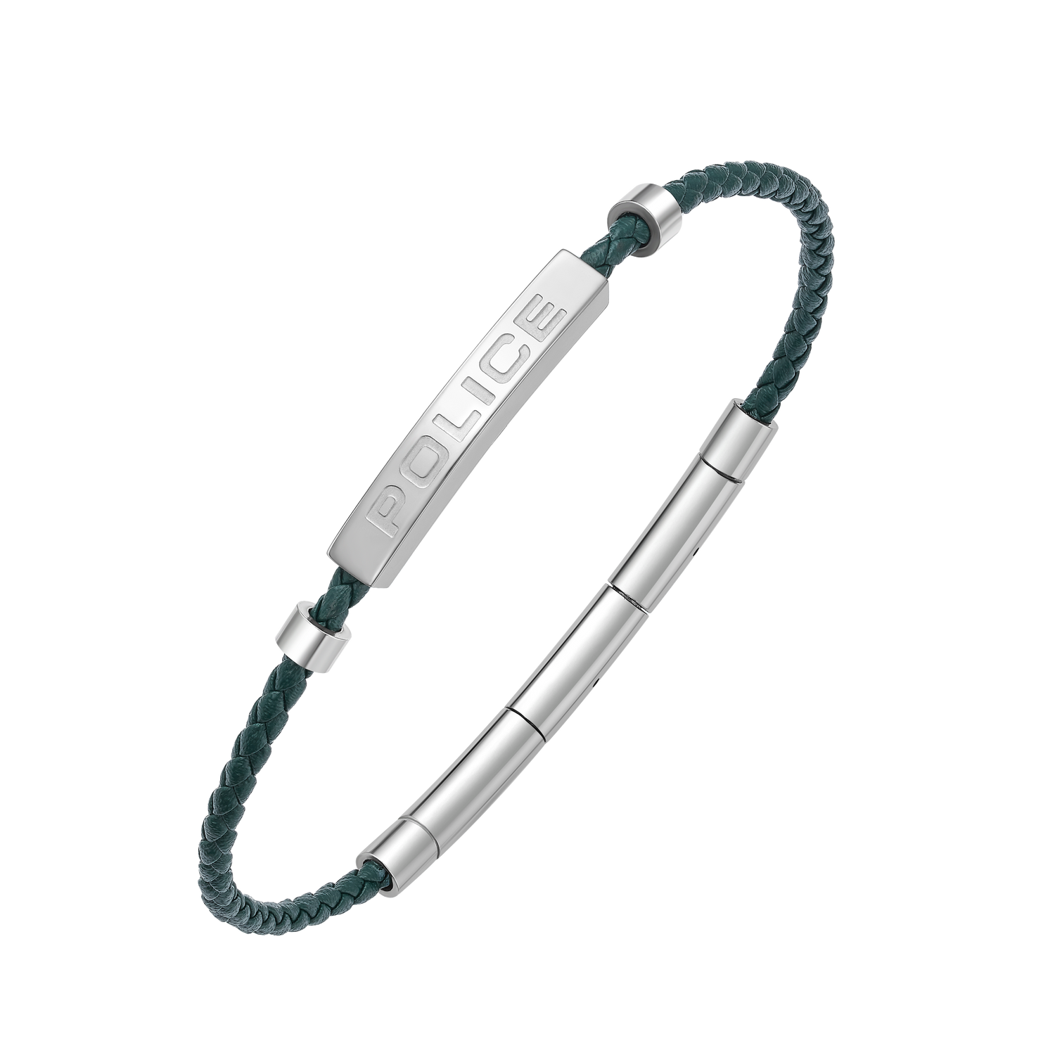 Police Contour Stainless Steel Bracelet with Olive Green Leather and Linear Bar Detail