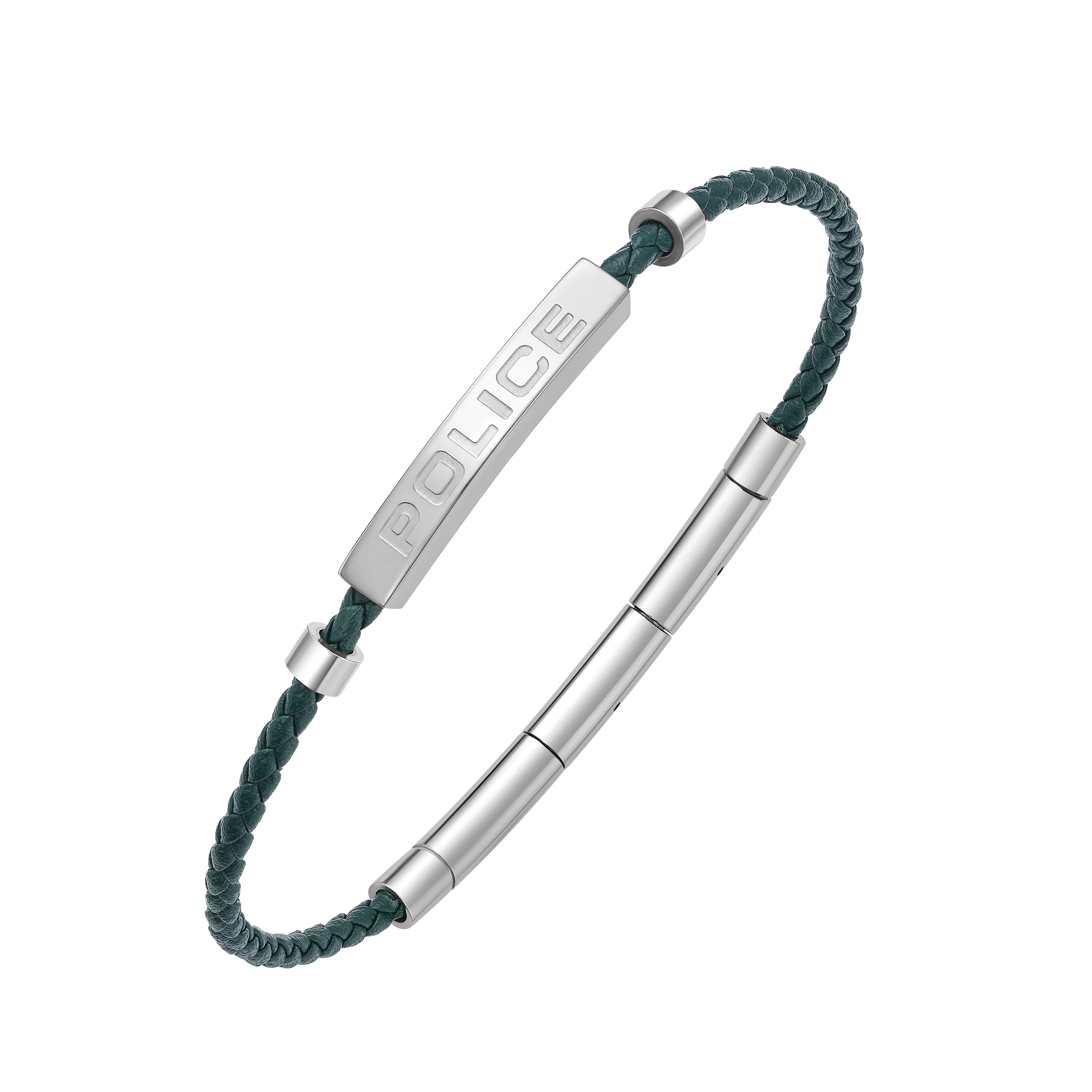 Police Contour Stainless Steel Bracelet with Olive Green Leather and Linear Bar Detail