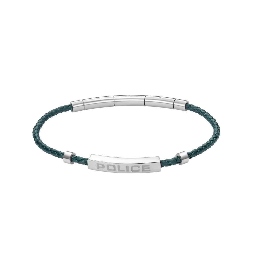 Police Contour Stainless Steel Bracelet with Olive Green Leather and Linear Bar Detail
