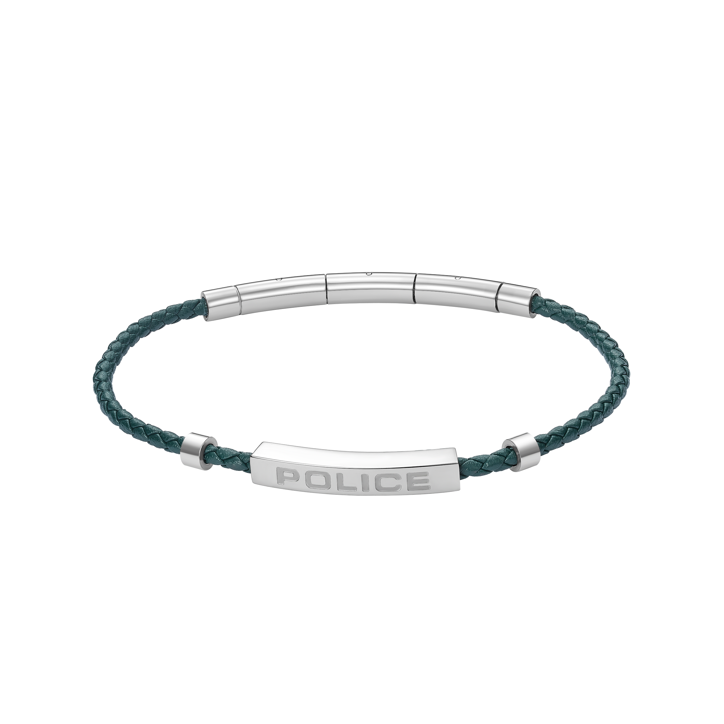 Police Contour Stainless Steel Bracelet with Olive Green Leather and Linear Bar Detail