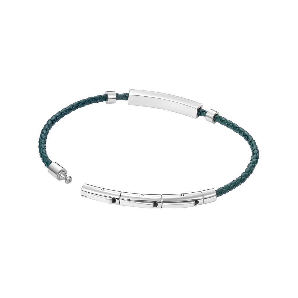 Police Contour Stainless Steel Bracelet with Olive Green Leather and Linear Bar Detail
