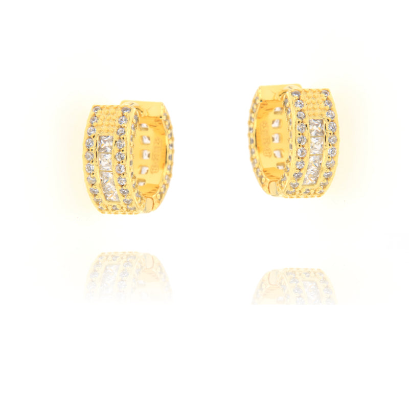Pair of gold-toned hoop earrings. Each features three vertical rows of clear stones: rectangular in the center, round on the