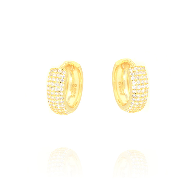 Pair of small, chunky gold-toned hoop earrings with multiple rows of clear pavé stones