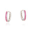 Pair of small silver hoop earrings, each adorned with a row of small, round, ruby-coloured faceted stones along the outer edg