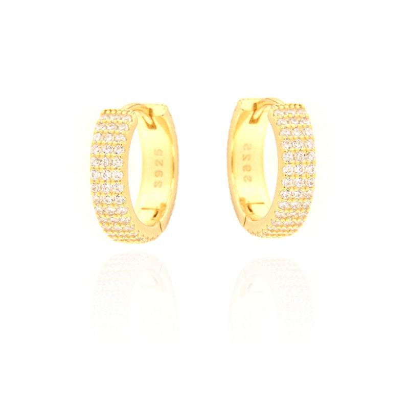 Pair of gold-toned hoop earrings with three rows of clear cubic zirconia stones