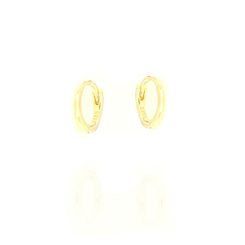 Pair of small, polished gold-toned 6mm hoop earrings with a hinged closure and S925 marking on the inner surface.