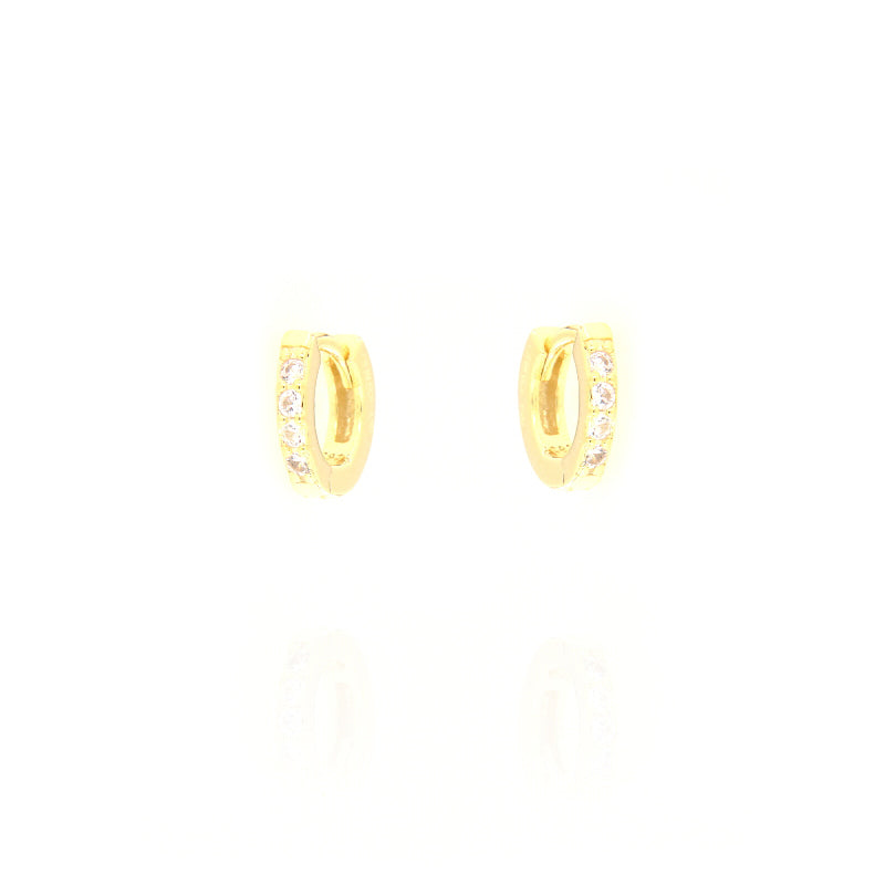 Pair of small gold-toned hoop earrings with a row of clear stones on the front.