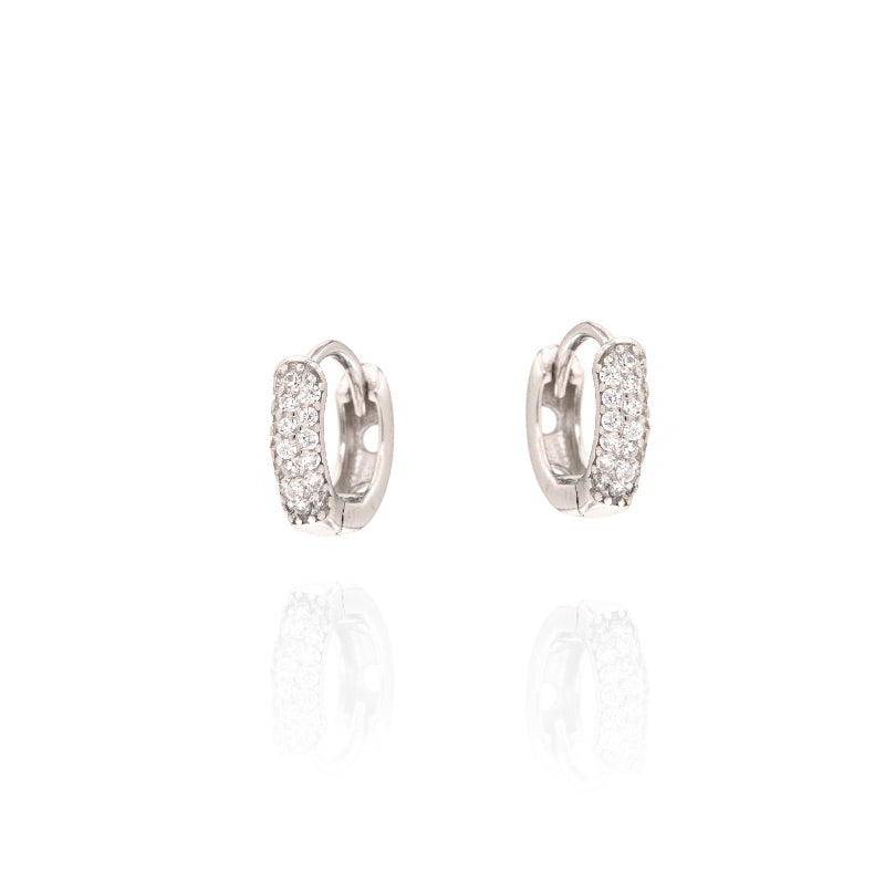 Pair of small silver-toned hoop earrings, each adorned with three rows of clear pavé-set stones across the front.