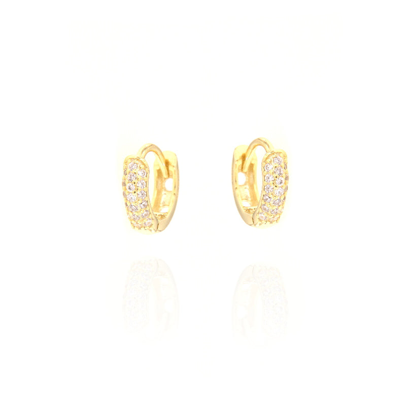 Pair of small gold-toned mini bomb hoop earrings, each embellished with three rows of clear, round-cut stones.