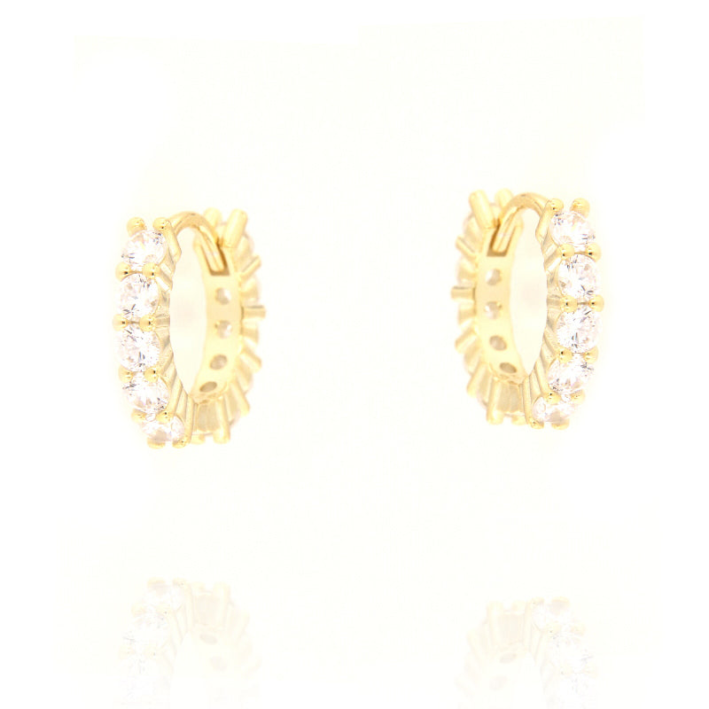 Pair of small gold-toned hoop earrings, each embellished with a row of clear, round-cut stones along the outer edge.
