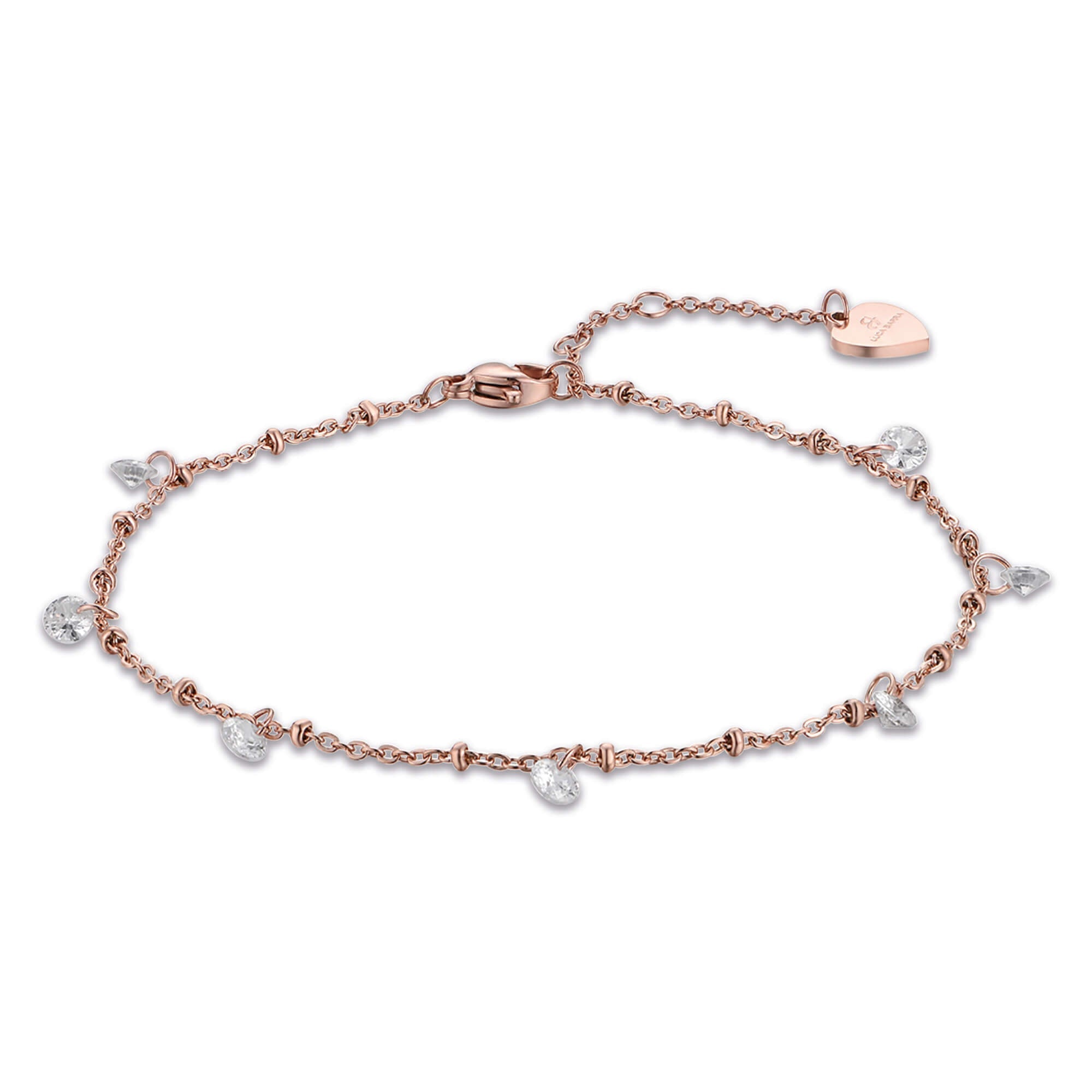 Luca Barra Ladies Rose IP Steel Anklet with White Crystals