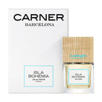 Carner Barcelona Isla Bohemia perfume bottle featuring a heavy clear glass base, a sleek white label with black branding, and a prominent dark square wooden cap.