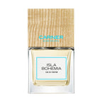 Carner Barcelona Isla Bohemia 100ml perfume bottle topped with its signature square wooden cap, presented next to a clean white retail box featuring minimalist black text.