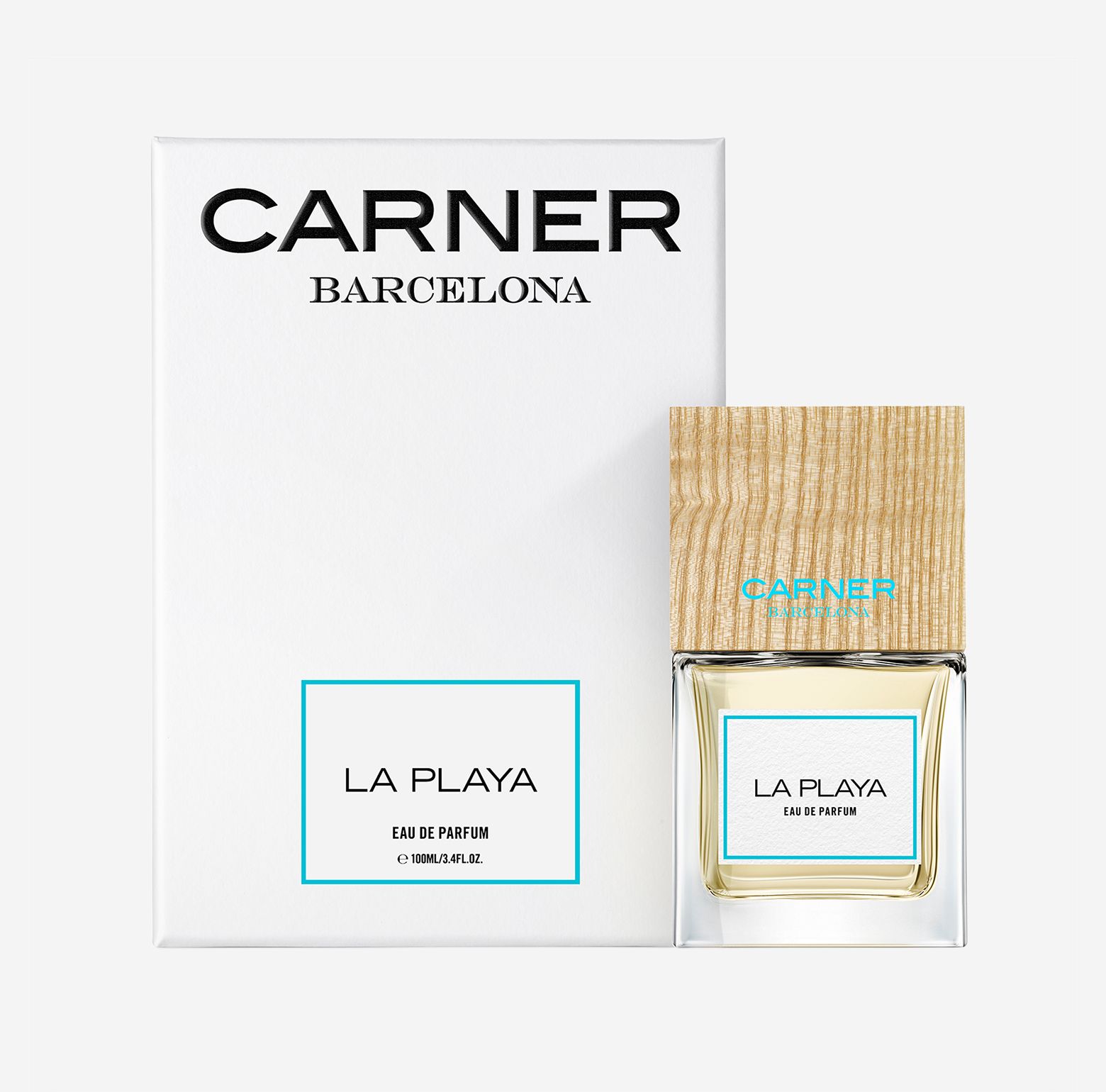 Carner Barcelona La Playa perfume bottle featuring a heavy, clear glass base, minimalist white label with black text, and a signature large, dark square wooden cap.