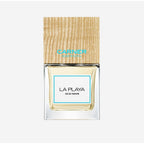 Carner Barcelona La Playa 100ml perfume bottle with a distinctive square wooden cap, presented next to its minimalist white retail box featuring clean black typography.
