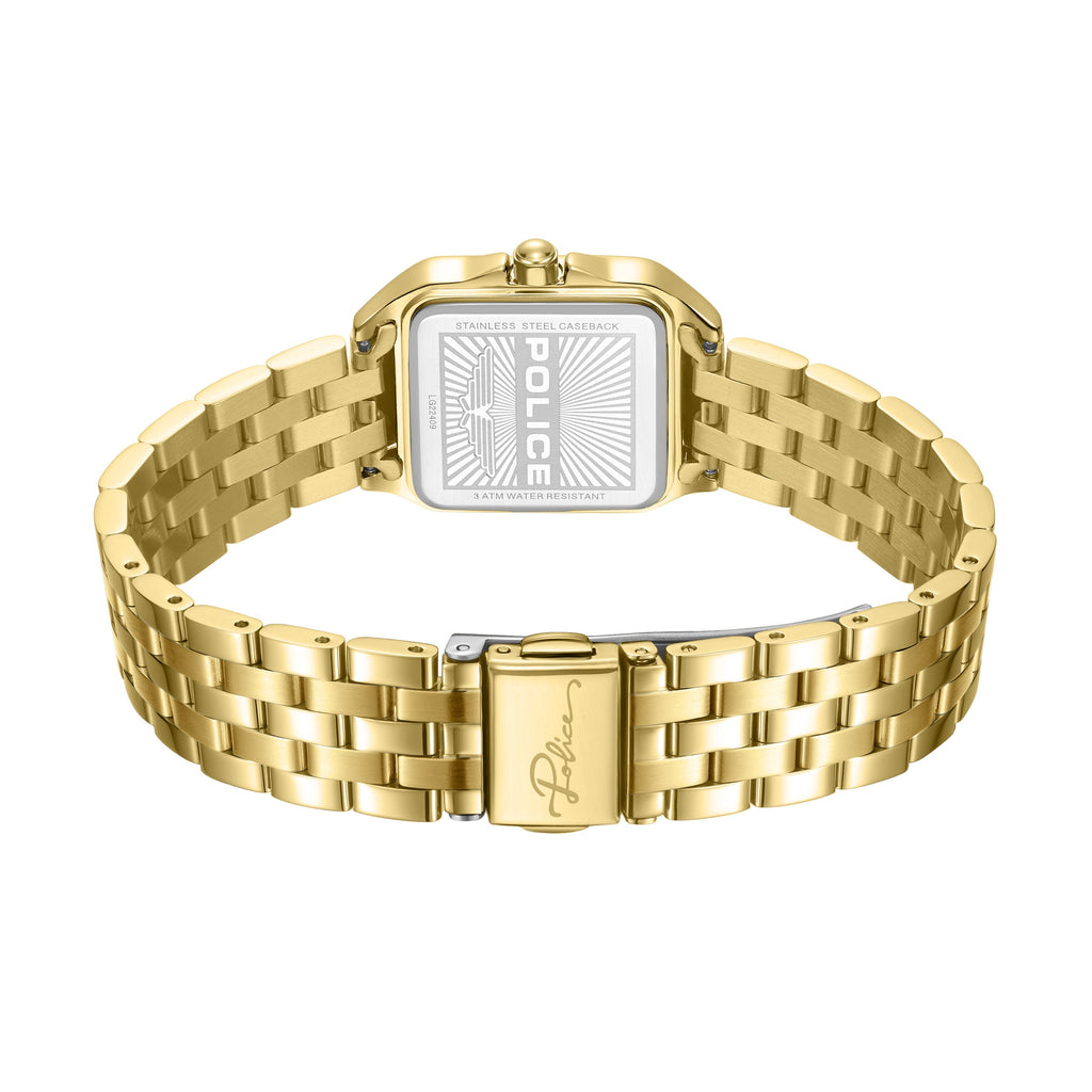 Rear view revealing the square stainless steel caseback featuring engraved Police signature wing artwork, model code LG22409, and 3 ATM water resistance details, alongside the matching gold deployment clasp engraved with the Police script logo.