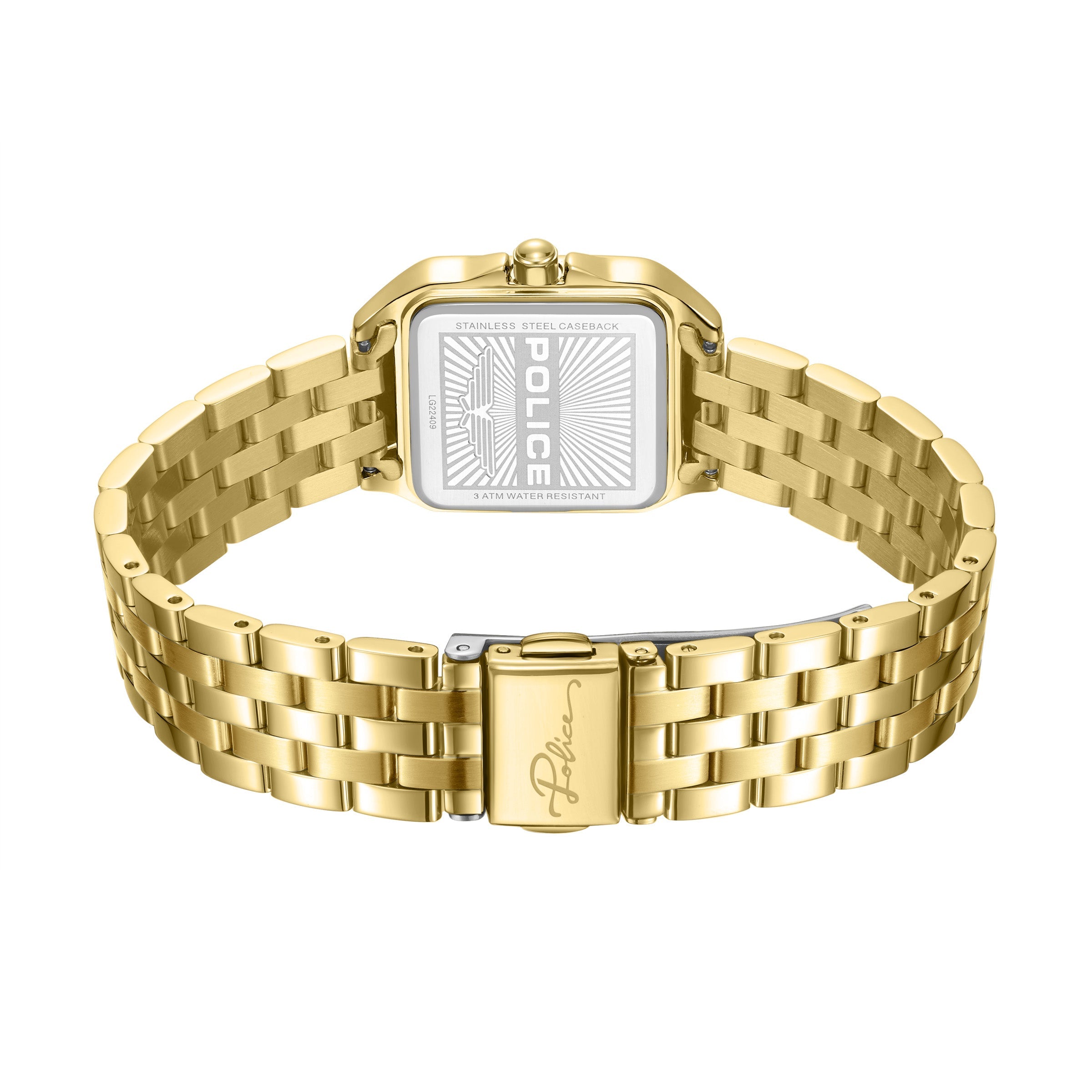 Rear view revealing the square stainless steel caseback featuring engraved Police signature wing artwork, model code LG22409, and 3 ATM water resistance details, alongside the matching gold deployment clasp engraved with the Police script logo.