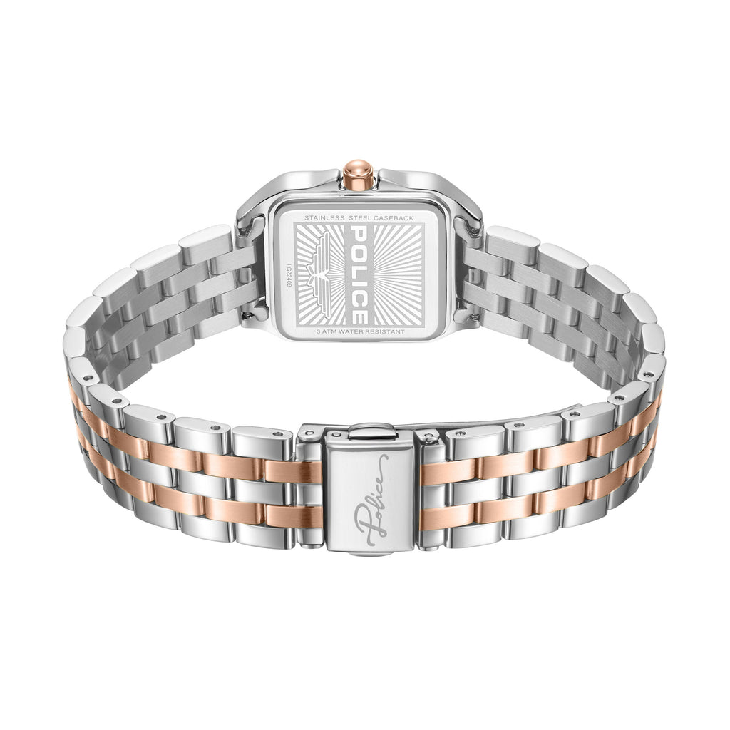 Rear view revealing the square stainless steel caseback engraved with the Police signature wing emblem, model code LG22409, and 3 ATM water resistance rating, alongside the two-tone link deployment clasp with a script Police logo.