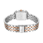 Rear view revealing the square stainless steel caseback engraved with the Police signature wing emblem, model code LG22409, and 3 ATM water resistance rating, alongside the two-tone link deployment clasp with a script Police logo.