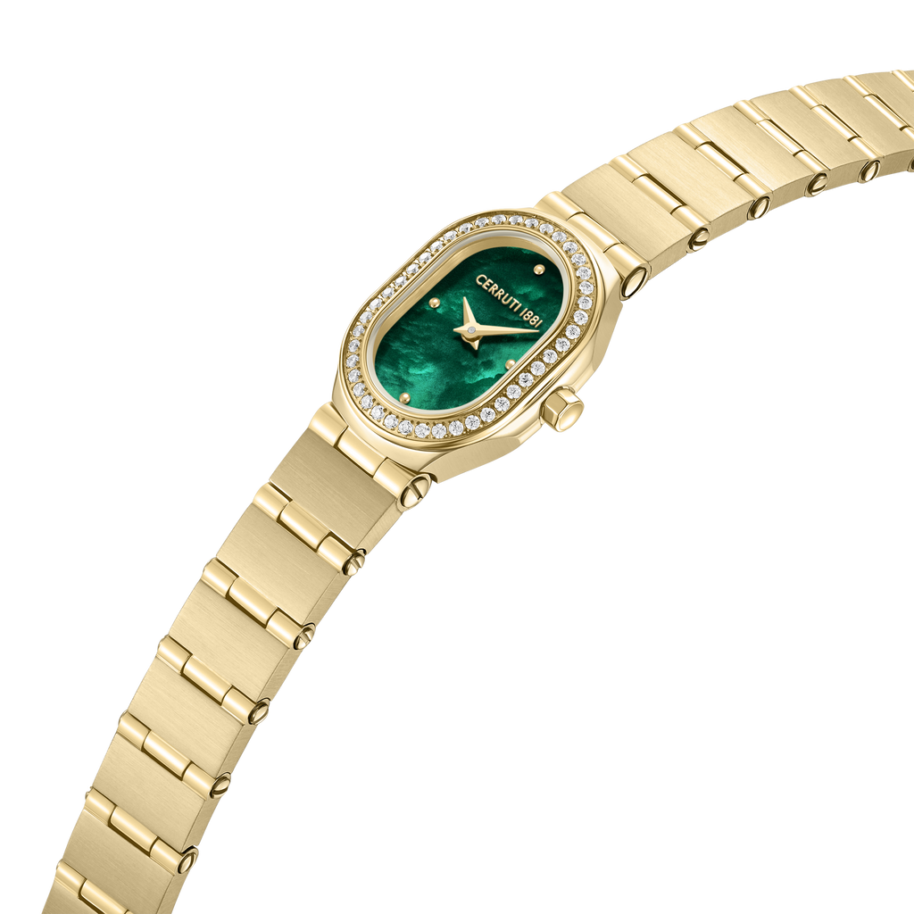 Cerruti 1881 ladies gold plated watch green MOP dial crystal bezel luxury watch Find Online Today