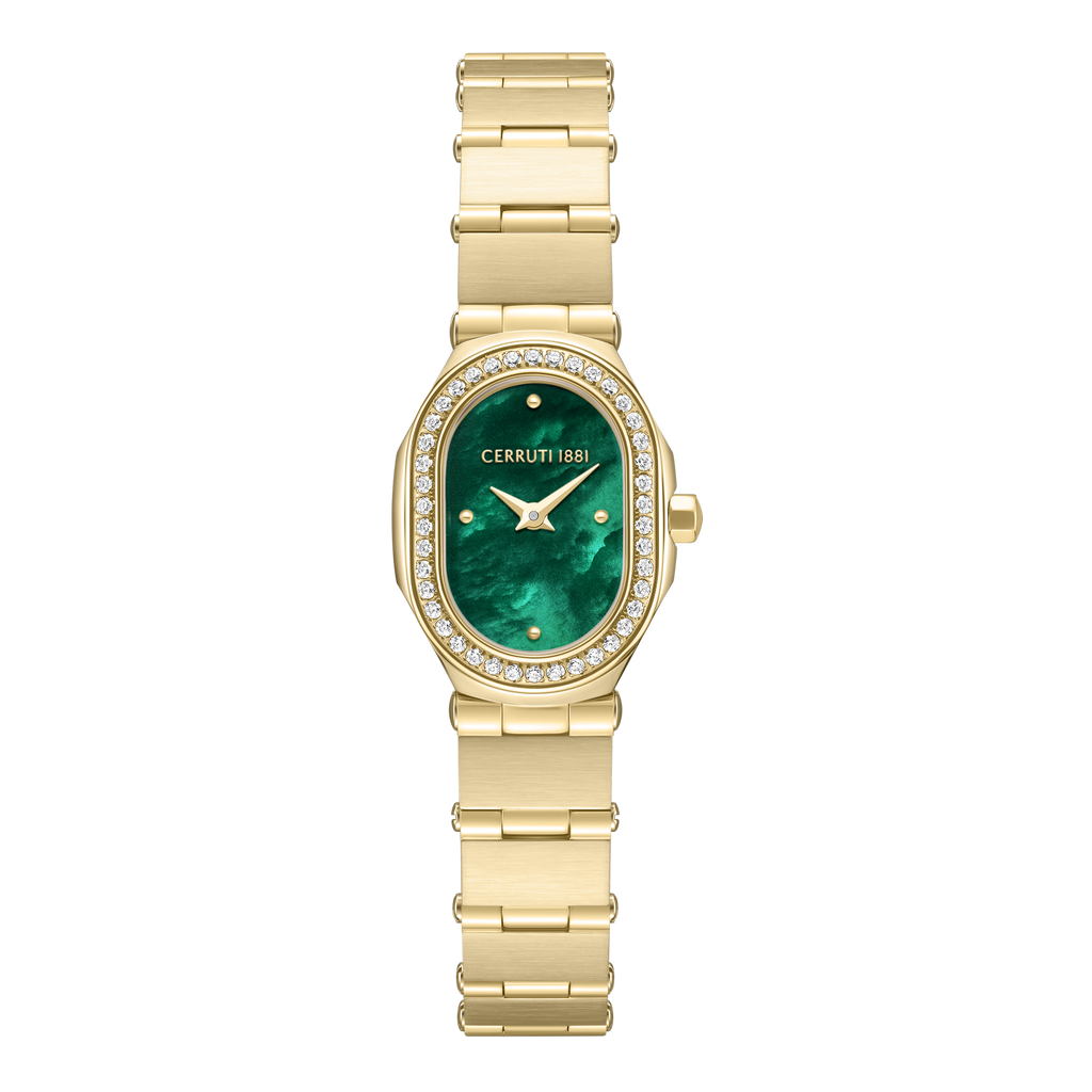 Cerruti 1881 ladies gold plated watch green MOP dial crystal bezel luxury watch Find Online Today