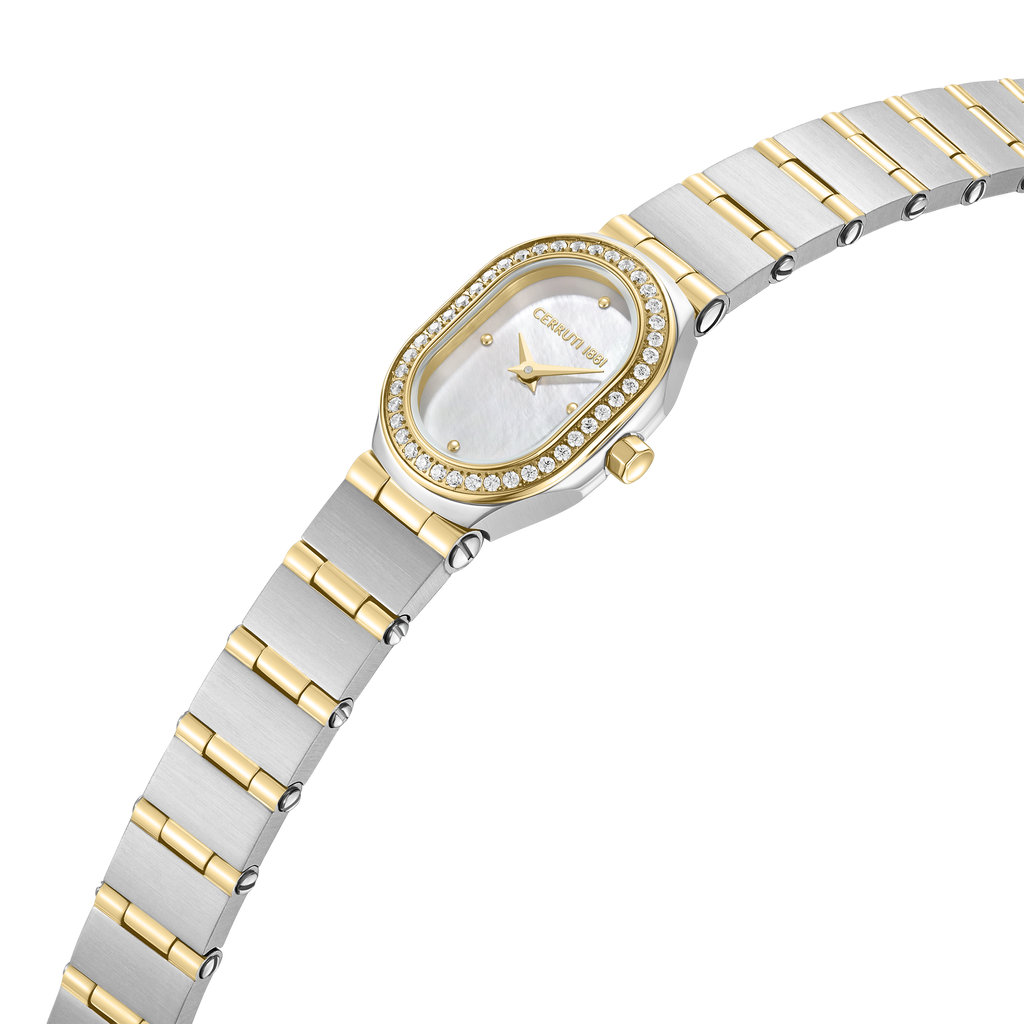 Cerruti 1881 ladies two tone stainless steel gold watch white MOP dial crystal bezel luxury watch Now Online