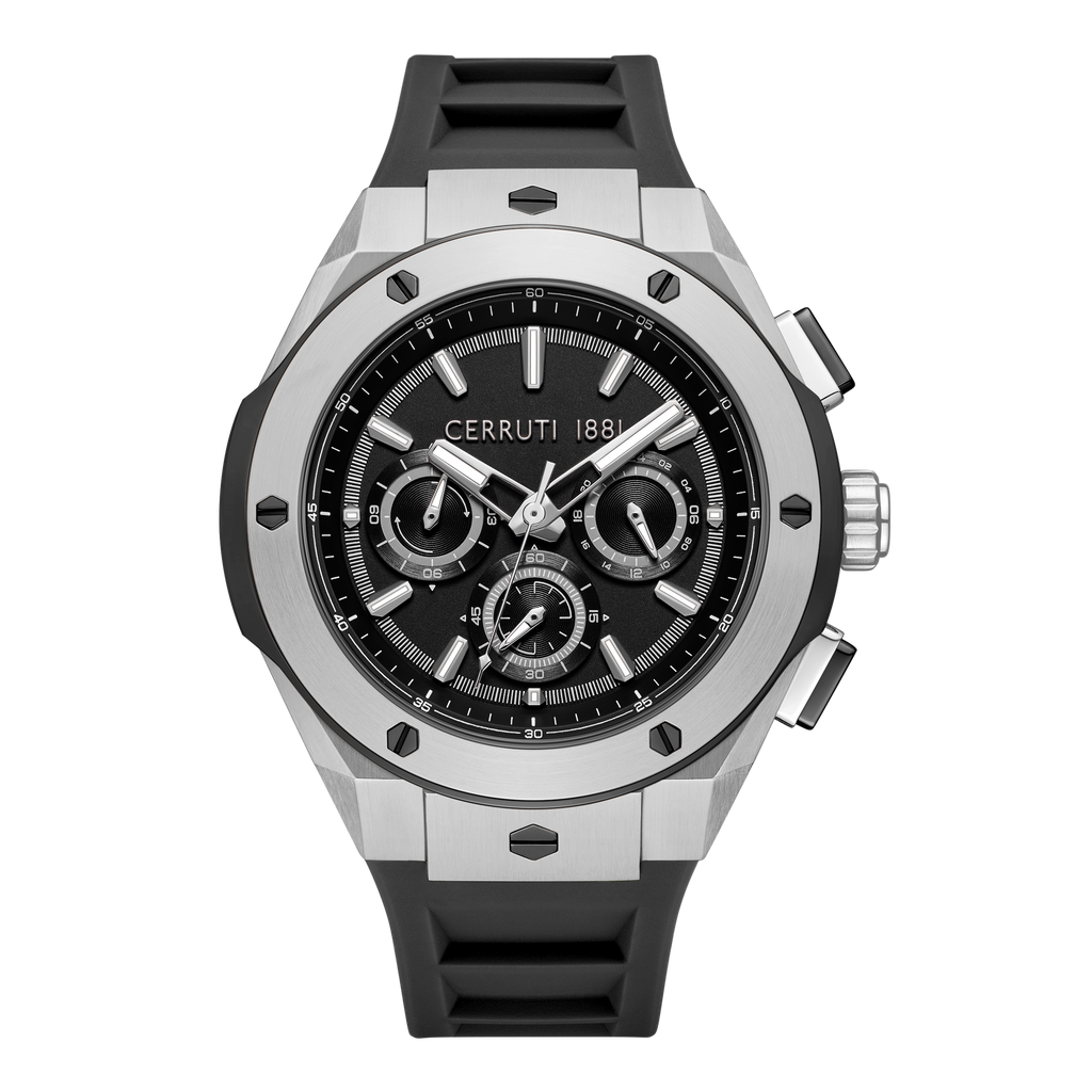 Cerruti 1881 men's chronograph watch with black dial, stainless steel case and black silicone strap