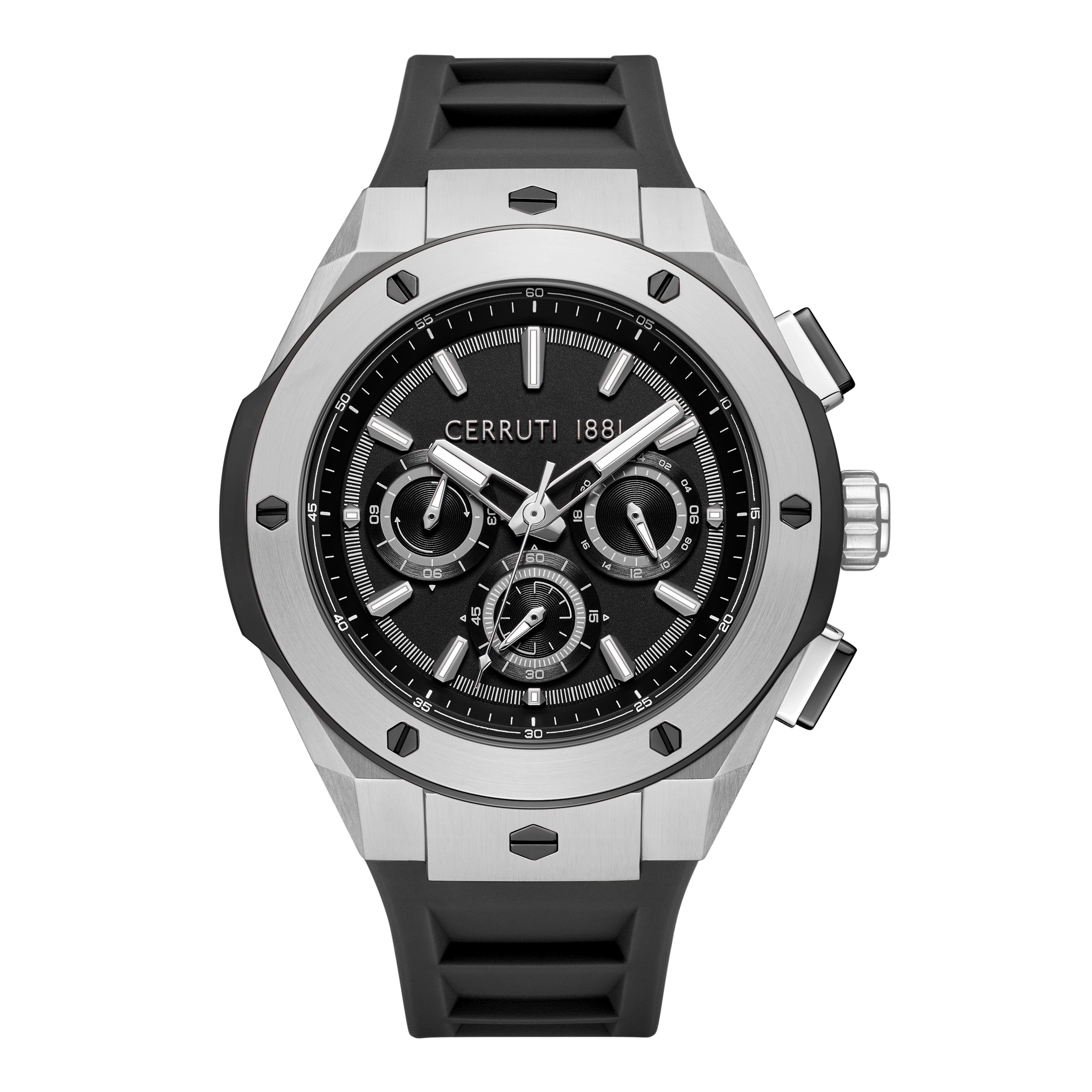 Cerruti 1881 men's chronograph watch with black dial, stainless steel case and black silicone strap